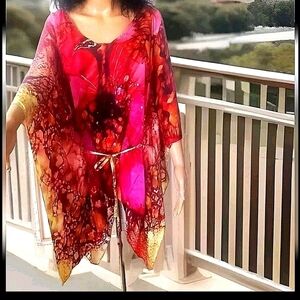 Camilla Silk V Neck Peacock Kaftan Top One Size